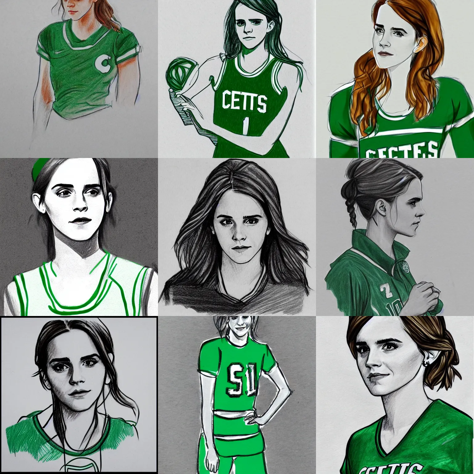 Prompt: sketch drawing, emma watson in full boston celtics garb, sharp lines, shading, lined paper, green jersey, rough draft, classroom doodle