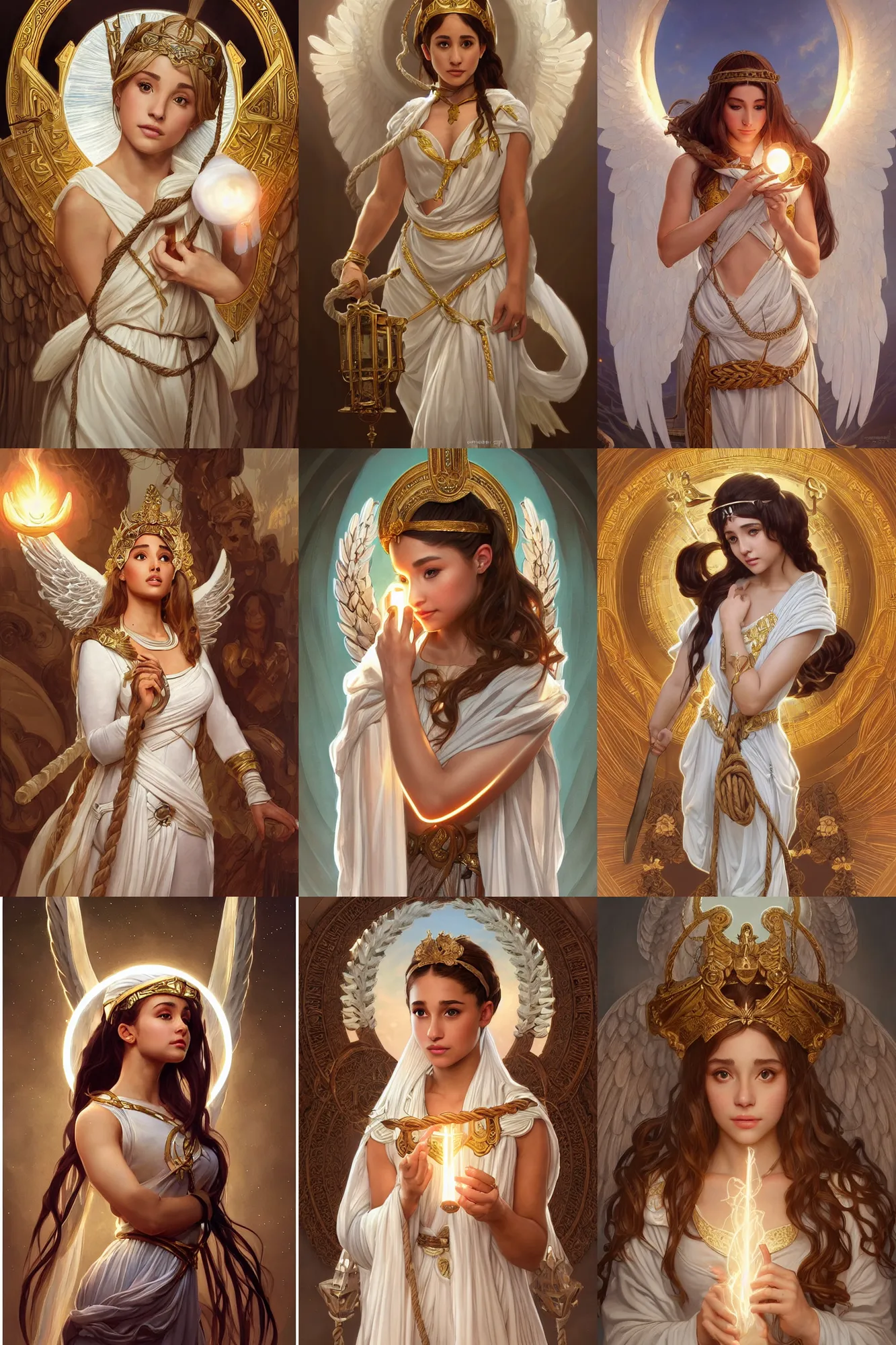 Prompt: beautiful cottagecore Ariana Grande as Greek Goddess Athena in a white rope, holy light, angel, intricate, elegant, highly detailed, digital painting, artstation, concept art, smooth, sharp, focus, illustration, art by artgerm and greg rutkowski and alphonse mucha