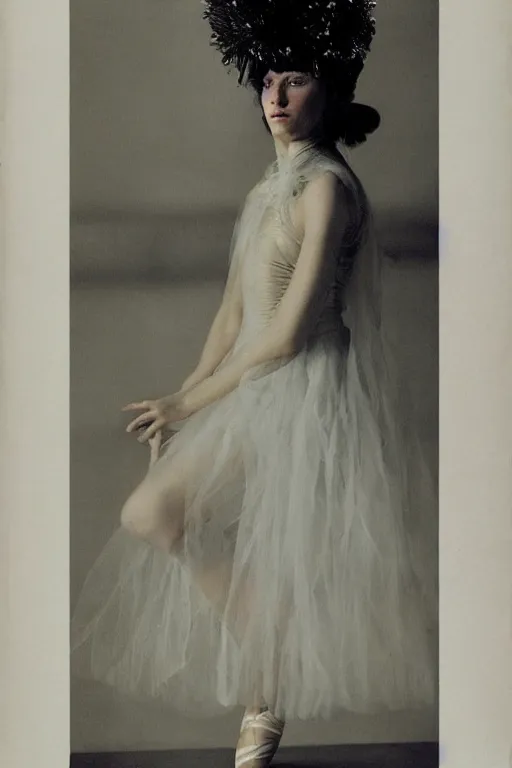 Image similar to hyperrealism fashion portrait girl in a ballet dress sits on a silk cloth by Roversi photo from The Holy Mountain by Alejandro Jodorowsky in style of Francisco Goya