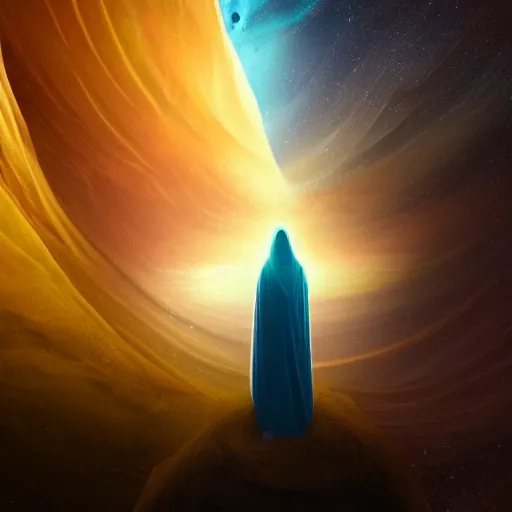 Image similar to a cloaked figure looking over a canyon landscape, face of a nebula within an orb, figure wearing gold and turquoise silken robe, in the style of jin kagetsu, wlop, masterpiece, award winning, misty morning, sharp focus, intricate concept art, 2 0 0 mm lens, hyperrealistic photography, lighting, 4 k, artstation