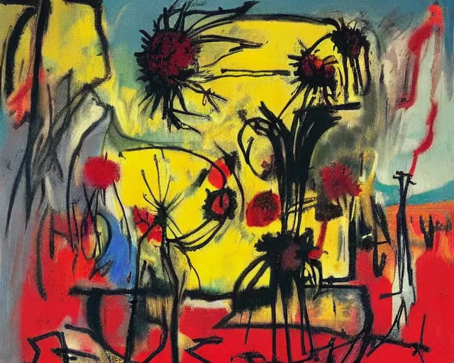 Image similar to painting of a flower field by graham sutherland, basquiat, greg rutkowski!!, neo - expressionism, muted colors!