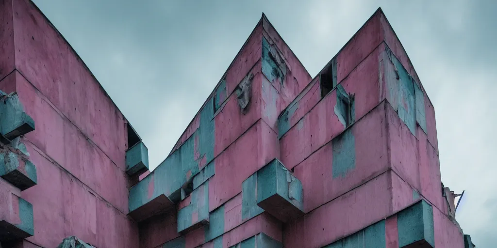 Image similar to a photo of a brutalist building ruins with accents of pink and cyan. dark and moody.