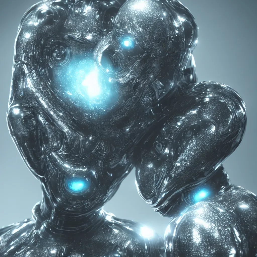 Image similar to a highly detailed artwork of a futuristic artificial intelligence superstar, centered alien face, photorealistic detailed water texture, octane render, 4k, high quality, cgi, volumetric lighting, sharp focus