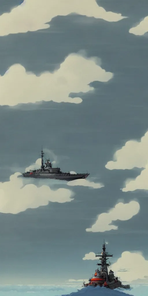 Image similar to japanese battleship fuso flying between clouds, by studio ghibli, dynamic composition, dramatic lighting, hyperrealistic, ultra detailed, nitro colors