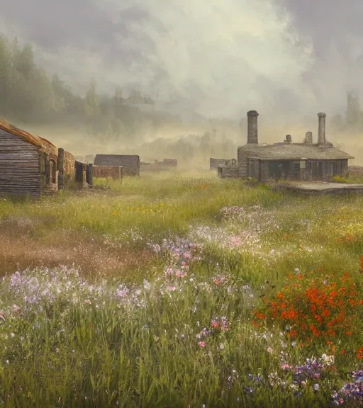 Image similar to a matte painting of a biroremediation architecture, prairie, cottage town, foggy, patchy flowers, oil painting, pale colors, high detail, 8 k, wide angle, trending on artstation,