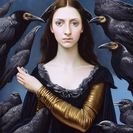 Image similar to full body portrait of a girl with blue eyes, gentle face, long dark hair, intricate detailed goth dress, among ravens, highly detailed, deep focus, elegant, digital painting, smooth, sharp focus, golden ratio, illustration, ultra realistic, 8 k, art by artgerm, artemisia lomi gentileschi and caravaggio