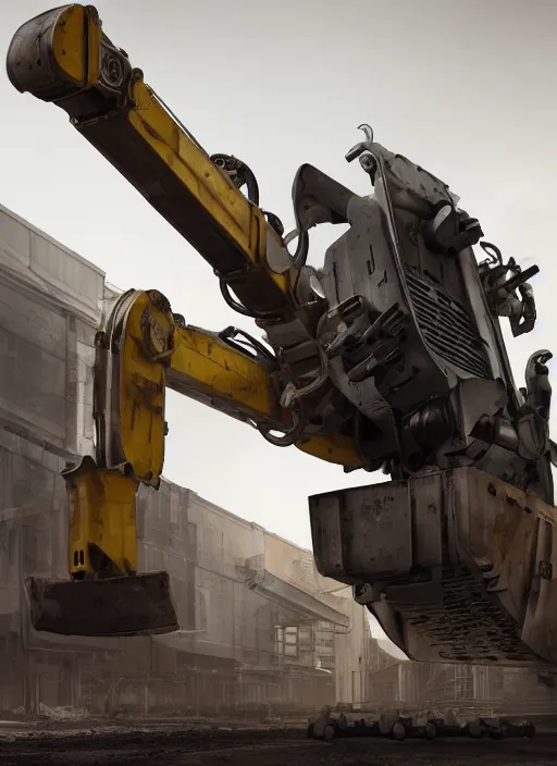 Image similar to a photorealistic dramatic hyperrealistic render of a futuristic exosuit power excavator heavy machinery, ultra realistic details, glossy yellow, well worn, rust, oil stains by vitaly bulgarov and mike nash, beautiful dramatic dark moody tones and lighting, cinematic atmosphere, studio lighting, global illumination, shadows, dark background, octane render, 8 k