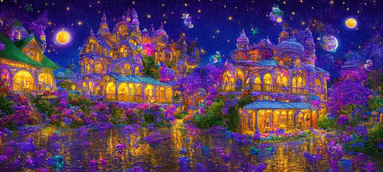 Prompt: high resolution 4k Blessing Tea Cozy night tea fantasy tea dark and colorful, bright sparkling lights realistic night sky, stars, moon, bright crystal lanterns 3d, depth details In the art style of Victor Nizovtsev