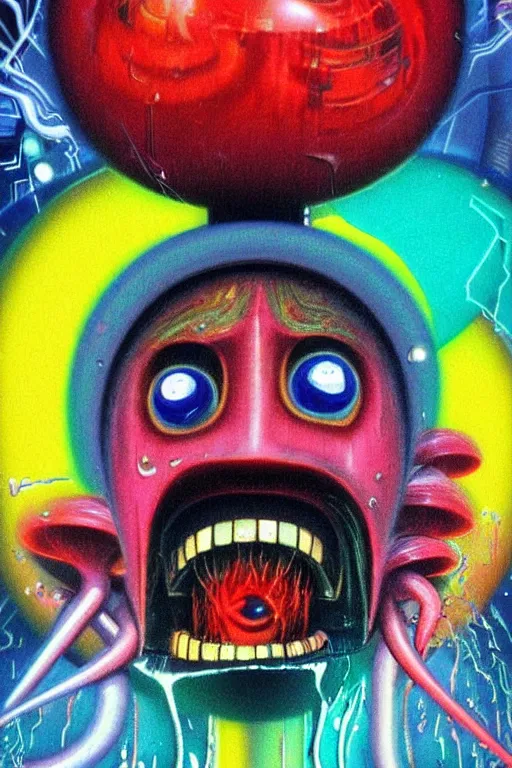 Image similar to 8 0 s art deco close up portait of mushroom head with big mouth surrounded by spheres, rain like a dream oil painting curvalinear clothing cinematic dramatic cyberpunk fluid lines otherworldly vaporwave interesting details epic composition by basquiat artgerm