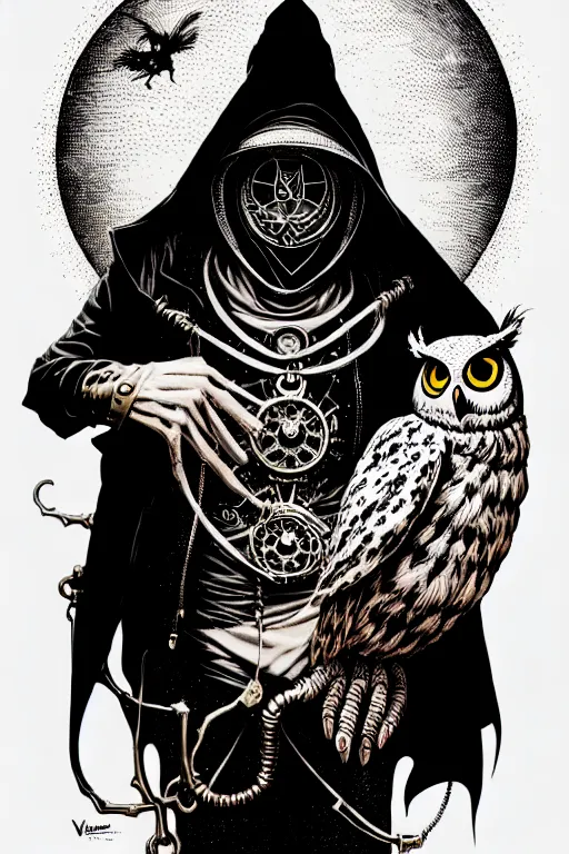 Image similar to side view of a hooded steampunk alchemist wizard holding his majestic owl on glove, high details, bold line art, by vincent di fate and joe fenton, inking, etching, screen print, masterpiece, trending on artstation, sharp, high contrast, hyper - detailed,, hd, 4 k, 8 k