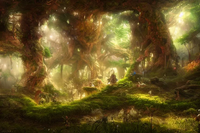 Image similar to fairy kingdom forest, miyazaki, nausicaa, ambient lighting, intricate, hyper detailed, smooth, dynamic volumetric lighting, cinematic, high quality, high resolution, 4 k