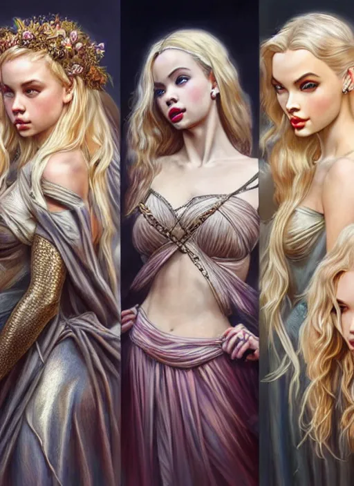 Image similar to ultra realistic illustration, a stunningly beautiful greek gothic goddess of chaos played by jordyn jones and dove cameron and margot robbie and taylor swift and megan fox, intricate, elegant, highly detailed, digital painting, artstation, concept art, smooth, sharp focus, illustration, art by artgerm and greg rutkowski and alphonse mucha