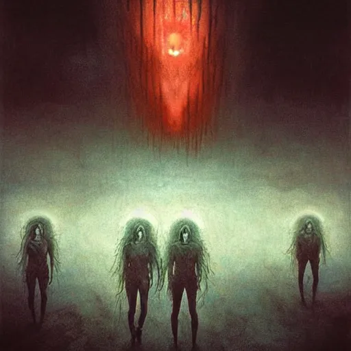 Image similar to demons chasing us, by beksinski and tristan eaton, dark neon trimmed beautiful dystopian digital art