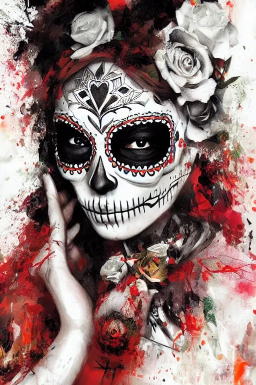 Image similar to illustration of a sugar skull day of the dead girl, art by ruan jia