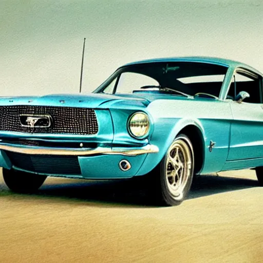 Prompt: A sports coupe designed and produced by Ford, based on the Mustang, promotional photo