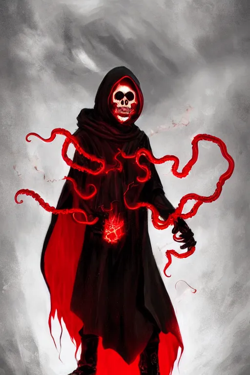 Image similar to A full body portrait of a mysterious character with a flaming skull with a very long hooded blood red and black cloak, tentacles coming out the ground art by Jason Chan and Maciej Kuciara, ominous, cosmic horror, trending on artstation, Ultra detailed, hyper realistic 4k