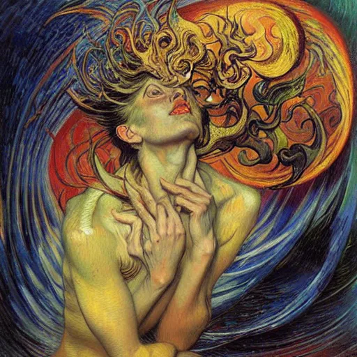 Prompt: Divine Chaos Engine by Karol Bak, Jean Delville, and Vincent Van Gogh, feminine, in the style of William Blake and Van Gogh