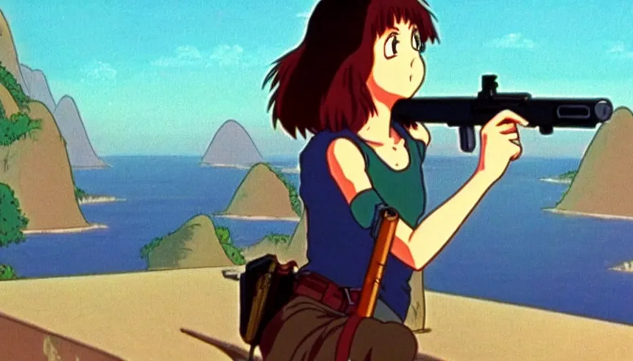 Image similar to 1 9 8 6 anime screencap of a girl with a gun on a rio de janeiro anime, by hayao miyazaki, studio ghibli, rio background extremely high quality artwork