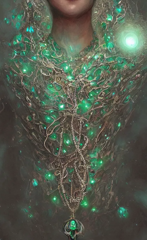 Image similar to a close view of a necklace with a small forest green crystal pulsing light, cloth accessories, front game card, drark, marvel comics, dark, intricate, highly detailed, smooth, artstation, digital illustration by ruan jia and mandy jurgens and artgerm and wayne barlowe and greg rutkowski and zdislav beksinski