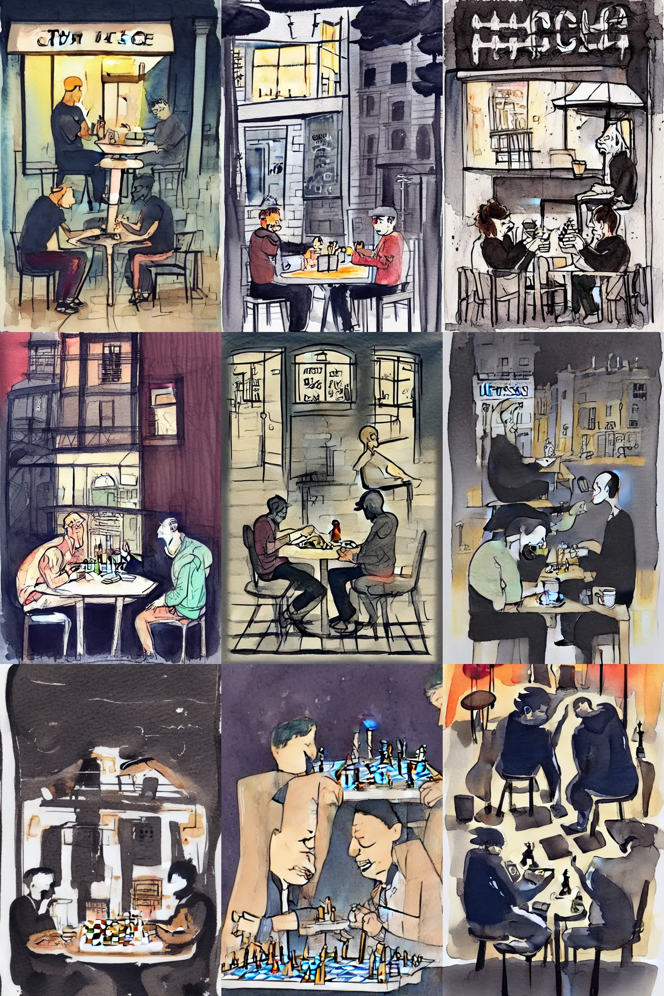 Prompt: Ink and watercolor illustration of !!!two men!!! sitting outside a café at night, !!playing chess!!, illustration by Luci Power