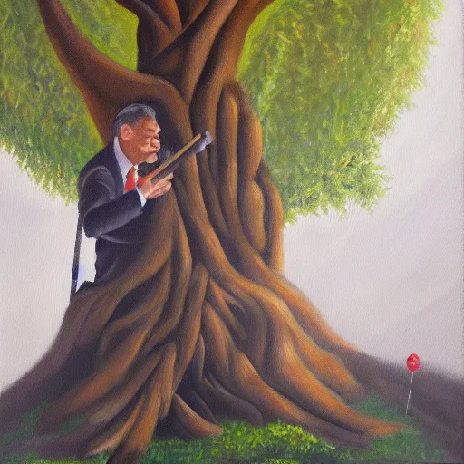 Image similar to viktor orban protecting a tree, oil painting