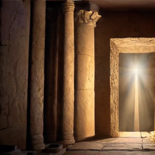 Prompt: cinematic still outside of the Jesus's tomb with stone rolled away, heavenly light coming from the opening, just before dawn, dynamic angles, miracle, magical, wondrous, Biblical epic movie directed by Ridley Scott