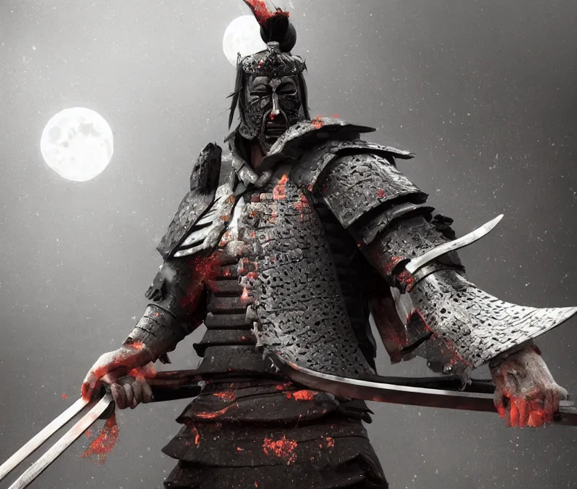 Image similar to 'a samurai! haunted by souls and ghosts with a big full moon on background , gloomy and foggy atmosphere, octane render, artstation trending, highly detailded'