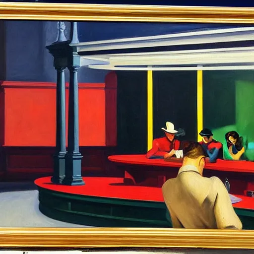 Image similar to 1942 oil on canvas painting by Edward Hopper, Nighthawks, Marvel Superheros