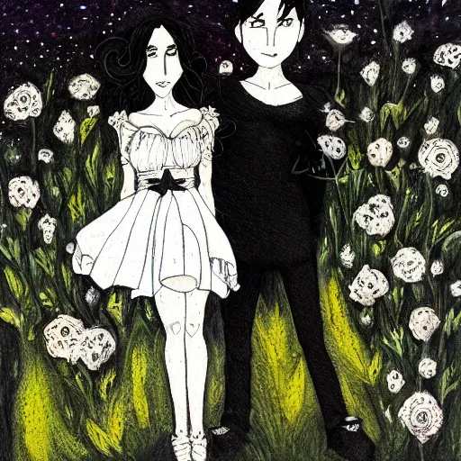 Image similar to stoic heroic emotionless blond butch tomboy woman, standing side by side with taller goth black - haired dark fae jennifer connelly, in love, romantic in romantic garden at night, mike mignogna, illustration, pen and ink, oil painting, highly detailed, sci fi, dreamy and romantic