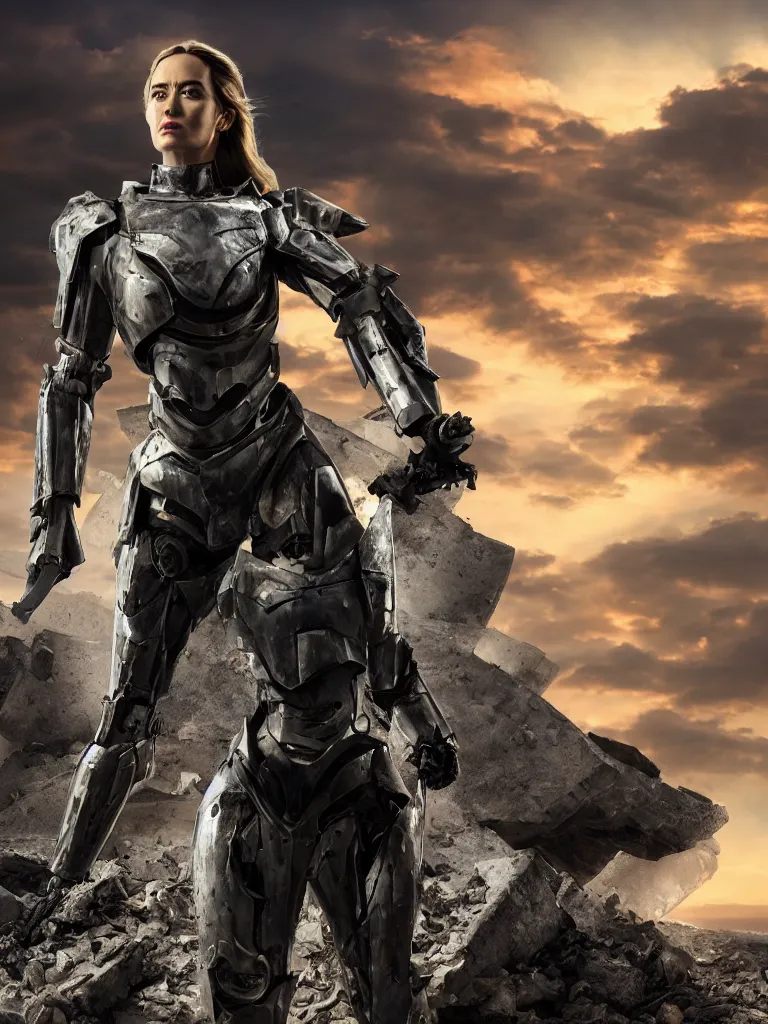 Image similar to emily blunt in futuristic power armor, close up portrait, solitary figure standing atop a pile of rubble, holding a sword on her shoulder, sunset and big clouds behind her