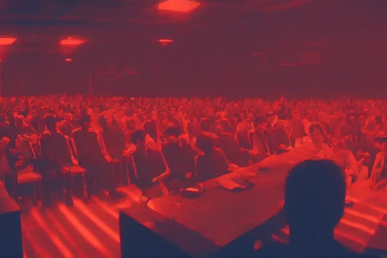 Image similar to back of a man facing a dark conference hall, people cheering at the atmospheric and obscure, red neon light, by roger deakins, cinematography, syd mead