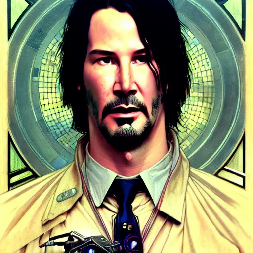 Image similar to full portrait of cyberpunk keanu reeves, sci - fi, d & d, intricate, detailed, by by alphonse mucha, adolfo hohenstein, alice russell glenny, stanley artgerm lau, greg rutkowski, detailed, trending on artstation, trending on artstation, smooth