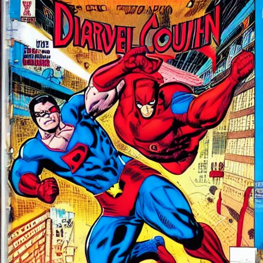 Prompt: daredevil punching superman, comic cover, marvel