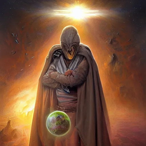 Image similar to masked nomad male wearing a cloak on an alien world and holding a holographic planet projection in his hand, detailed, sci - fi, digital painting, artstation, sharp focus, illustration, ominous, artgerm, tomasz alen kopera, peter mohrbacher, donato giancola, joseph christian leyendecker, wlop, frank frazetta