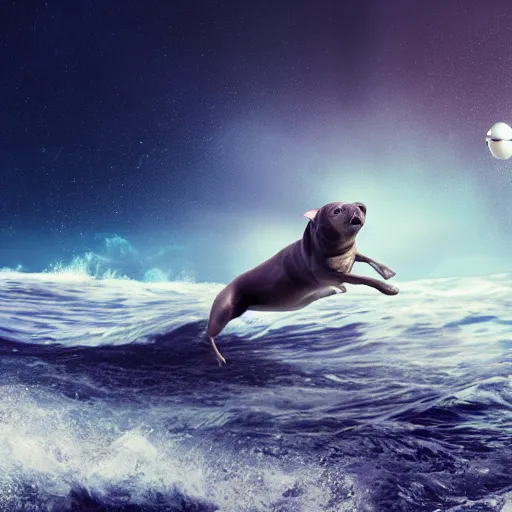 Image similar to photo of gray coat pit bull with white paws surfing a surfboard on a crashing l wave of alien ocean in space, background is an alien galaxy, aliens in the background, alien colors, octane render, unreal engine, wide view, 8 k, high detaild