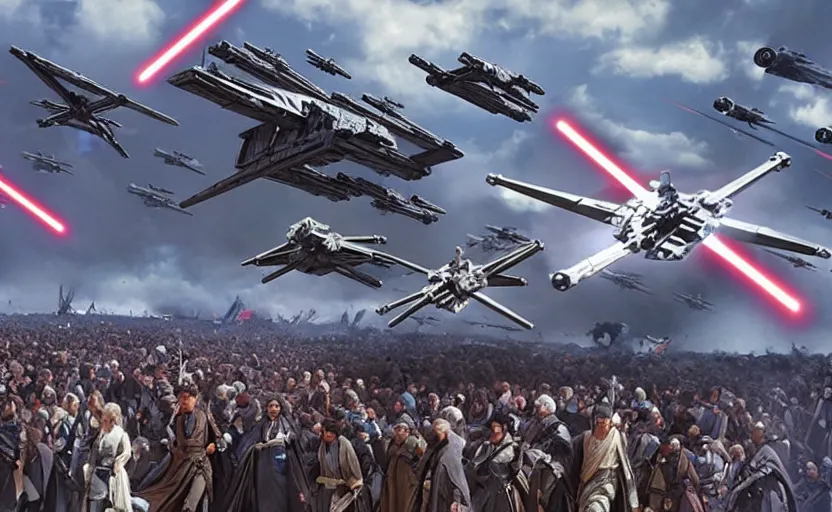 Prompt: liberty leading the people, jedi, tie fighters, x - wings