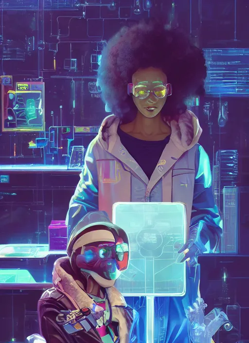 Image similar to afro - cyberpunk scientists in lab coats, cybernetic limbs and holograms, hacking the metaverse | hyperrealistic oil painting | by makoto shinkai, ilya kuvshinov, lois van baarle, rossdraws, basquiat | afrofuturism, in the style of hearthstone, trending on artstation | dark color scheme