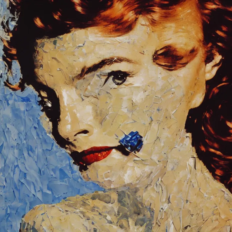 Image similar to close up studio portrait of Katherine Hepburn, age 30, gorgeous face, wearing an Issey Miyake dress in 1985, impasto heavy brushstrokes oil painting by Norman Rockwell and Tim Hawkinson and Cy Twombly, Intense colors trending on artstation dramatic lighting Expressionism