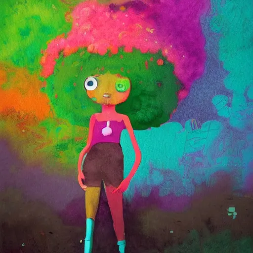 Prompt: a black girl with a colorful afro and big cute eyes walking in a cyberpunk street, low angle shot, cinematic, colorful, trending on artstation, bright colors, watercolor, volumetric wool felting, felt, macro photography, children illustration, by goro fujita