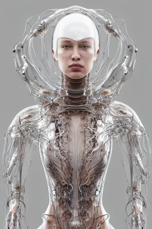 Image similar to iris van herpen, perfect symmetrical body, helmet on face, full body shot, inflateble shapes, wires, tubes, veins, jellyfish, white biomechanical details, wearing epic bionic cyborg implants, masterpiece, intricate, biopunk, vogue, highly detailed, artstation, concept art, cyberpunk, octane render