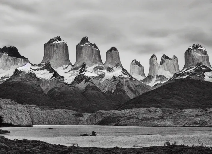 Prompt: Torres del paine in autumn, black and white graphite drawing, full shot