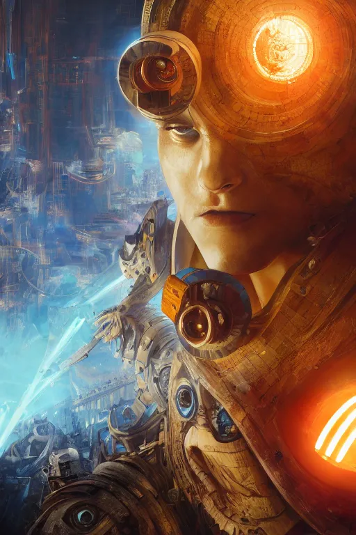 Image similar to the wrath of the seven deadly sins as an i robot, close - up portrait, intricate, elegant, volumetric lighting, scenery, digital painting, highly detailed, artstation, sharp focus, illustration, concept art, luis rollo, ruan jia, steve mccurry, john berkey