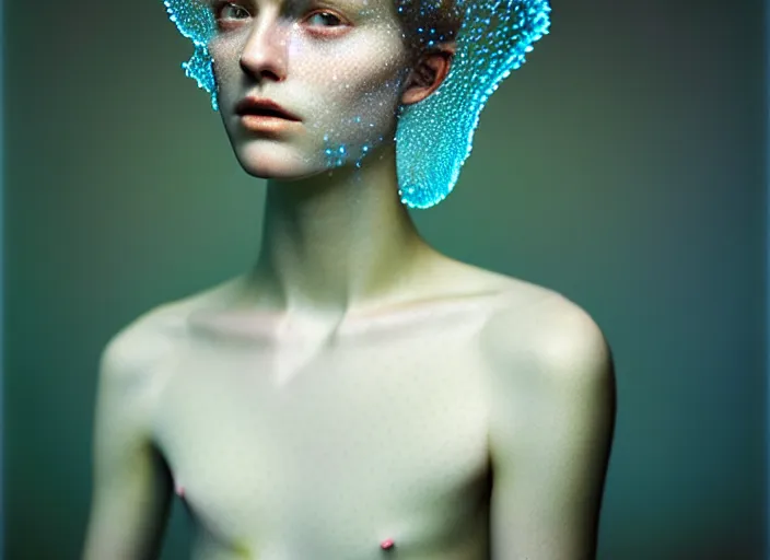 Image similar to Kodak Portra 400, 8K, soft light, volumetric lighting, highly detailed, britt marling style 3/4 , fine art portrait photography by Paolo Roversi, face and body merging with luminescent jellyfishes filaments, symbolic metamorphosis complex 3d render , 150 mm lens, art nouveau fashion embroidered,bust with intricate underwaters details, elegant, hyper realistic, ultra detailed, octane render, underwater soft colours, emotionally evoking, head in focus, fantasy, elegant, soft light, volumetric lighting, highly detailed, Refined, Highly Detailed, soft lighting colors scheme, fine art photography, Hyper realistic, photo realistic