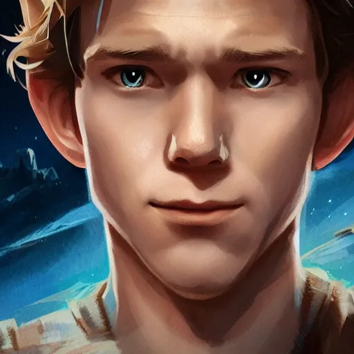 Image similar to Link The movie,live action,played by Tom Holland, blonde hair,detailed 8k,in the style of a movie poster,close up,by rossdraws and greg rutkowski