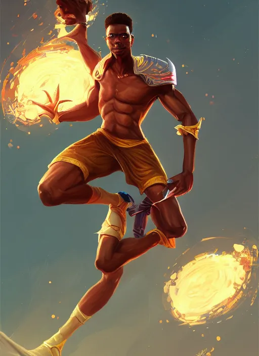 Image similar to a highly detailed illustration of attractive young african fire god with short hair, wearing track and field suit, heroic jumping pose, intricate, elegant, highly detailed, centered, digital painting, artstation, concept art, smooth, sharp focus, league of legends concept art, wlop