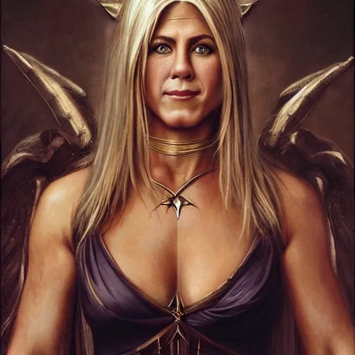 Image similar to the portrait of jennifer aniston as amazon in an intricate dress by roberto ferri, fantasy, witcher, very detailed oil painting, masterpiece, 8 k