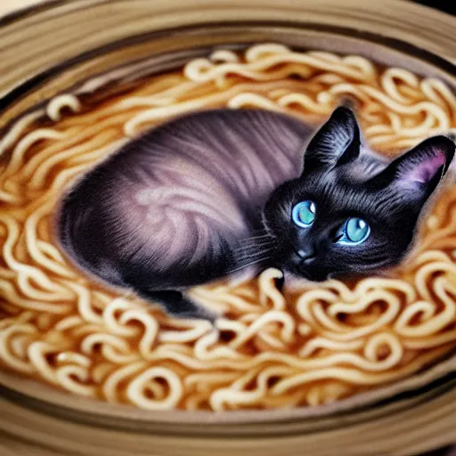 Prompt: a micro tattoo of a siamese cat laying in a bowl of ramen noodles