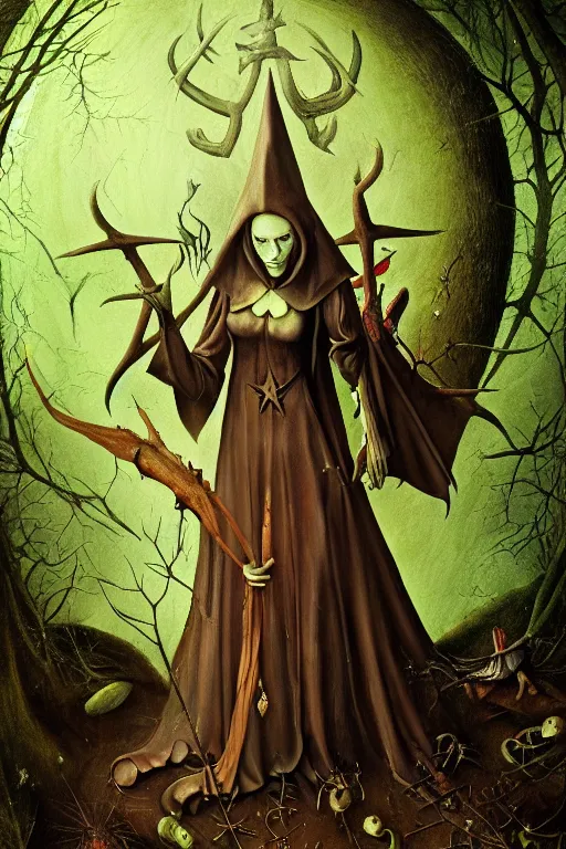 Image similar to satanic witch in the evil forest, fantasy, 8 k resolution, hyper detailed, character design, digital painting, sharp focus, illustration, art by hieronymus bosch