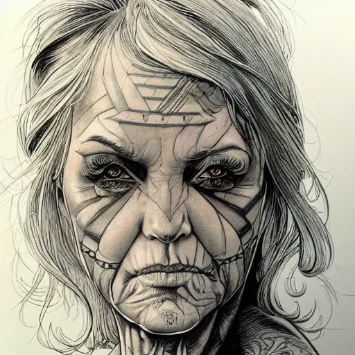 Image similar to a beautiful portrait of a heavily tattooed older woman Travis Charest style