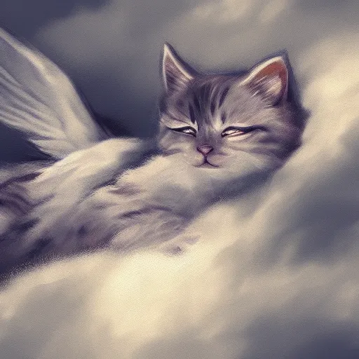 Prompt: cat with angel wings sleeping on a cloud, hyperdetailed, artstation, cgsociety, 8k